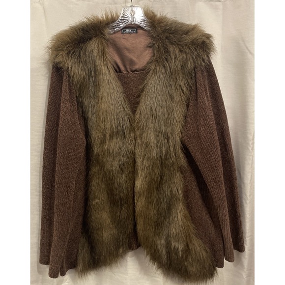 Lisa International Brown Long Sleeve Chenille Faux Fur Sweater Cardigan Women L - Picture 1 of 9